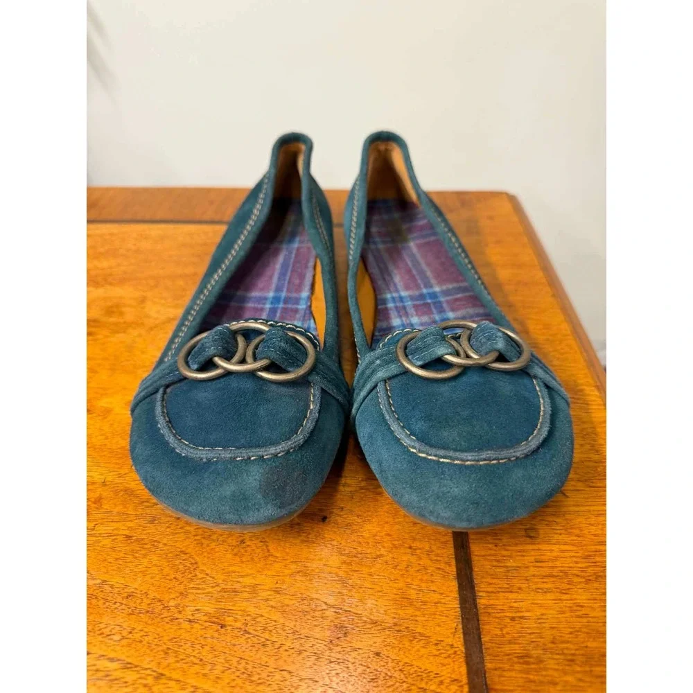 Mossimo Supply Co Teal Blue Suede Loafers Ring Detail Plaid Lining Womens 10